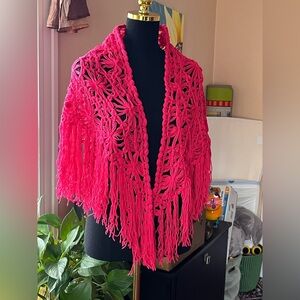 Handmade Crocheted Fringe Shawl in Bright Pink